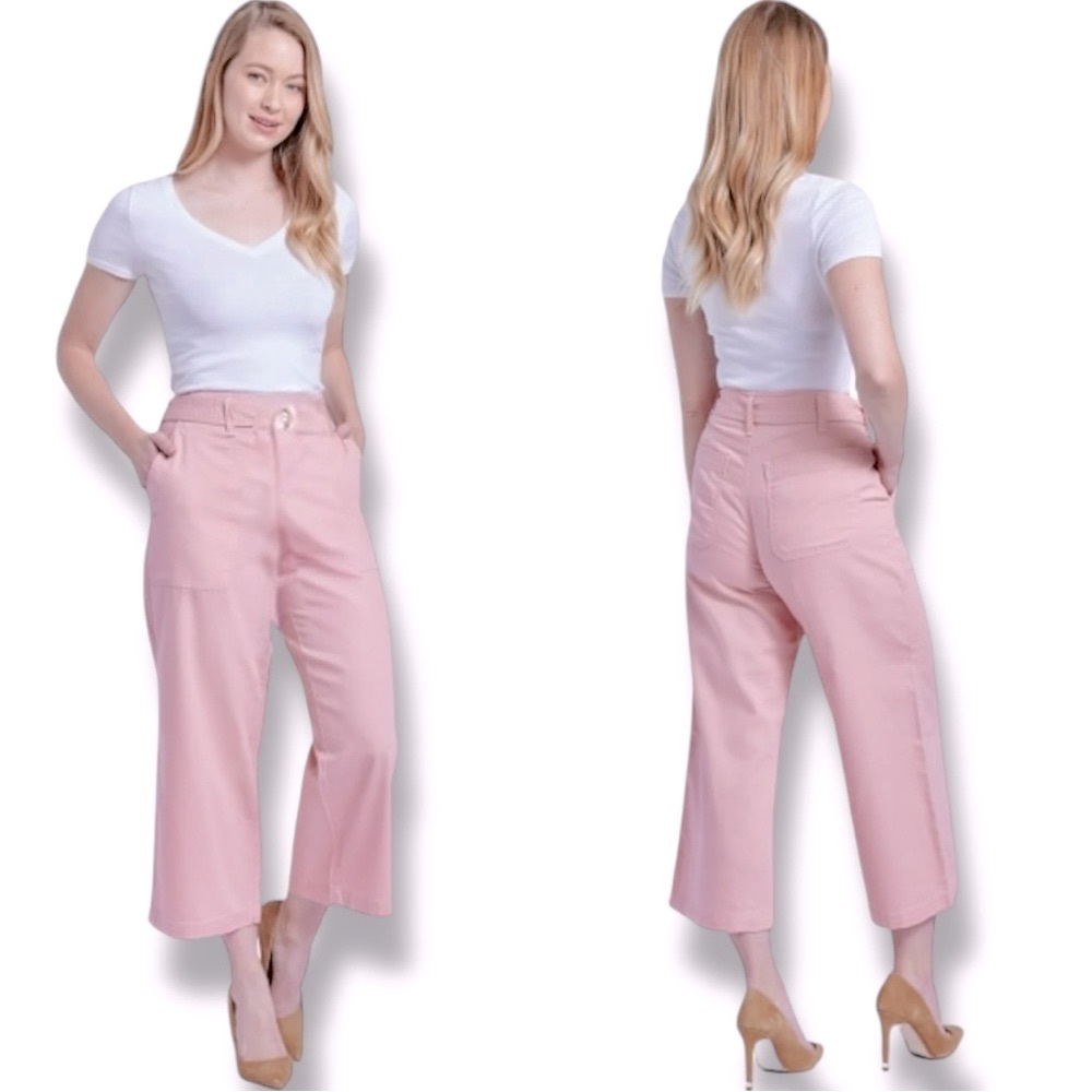 Seven7 Size 10 Mellow Rose High Rise Wide Leg Cuffed Cropped Pant Cotton-Tencel
